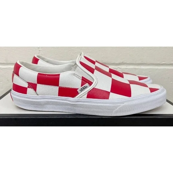 Vans Leather Red White Check Classic Slip-On Shoes Mens 13 New Fast Ship - Picture 9 of 12